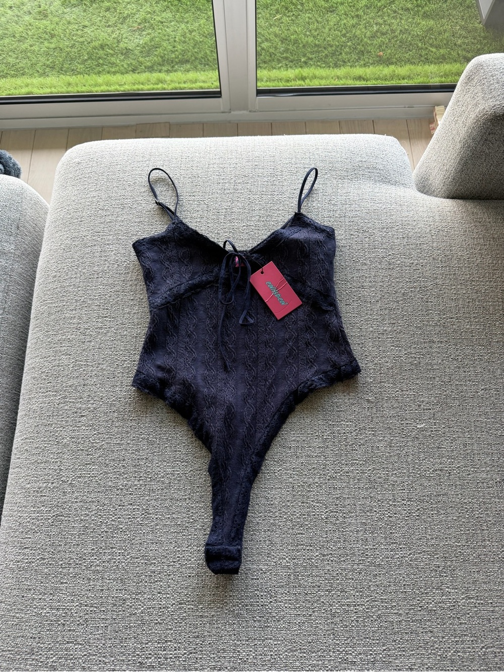 Edikted Size S Navy Cable Knit Lace Trim Bodysuit